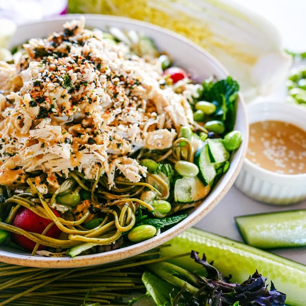 Close-up of a vibrant Stoke Salad bowl with noodles, edamame, cucumber, and shredded plant-based protein.