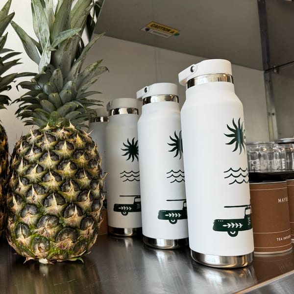 Pineapples and white Stoke Salad water bottles with green logos on a metal counter.